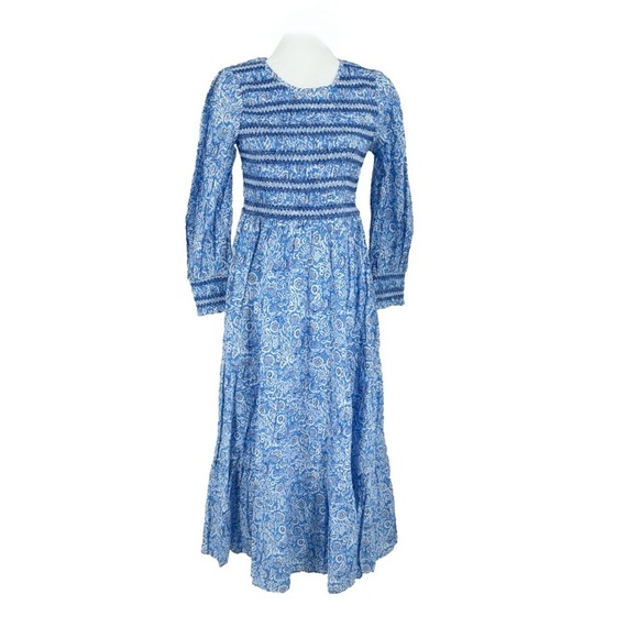 Pink City Prints Isabel Dress XS NWT Ornate Sky Blue Cotton Midi Smocked - Picture 5 of 13